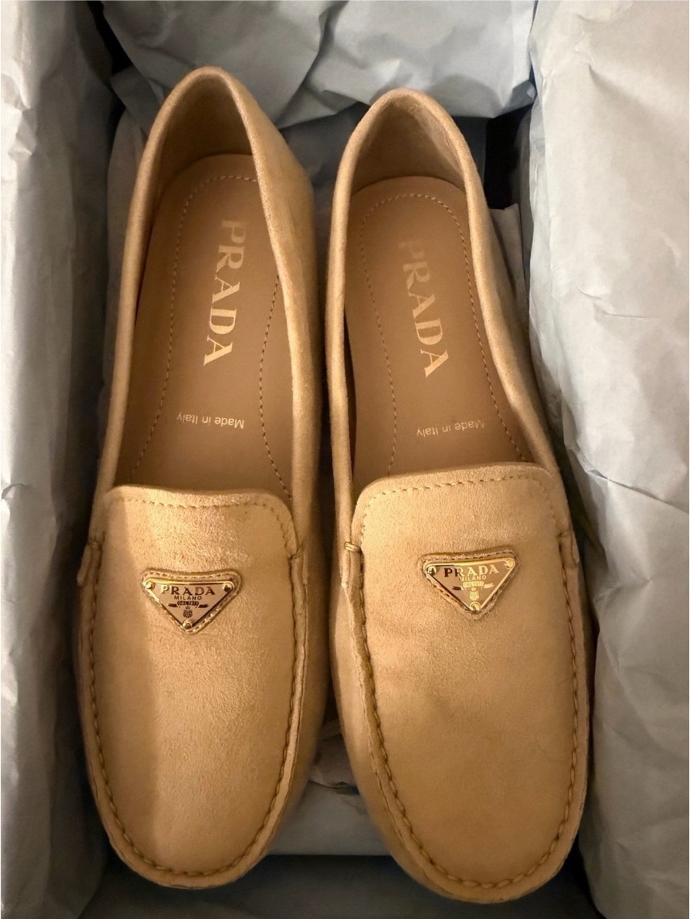 Prada Tan Suede Loafers with Gold Triangle Logo